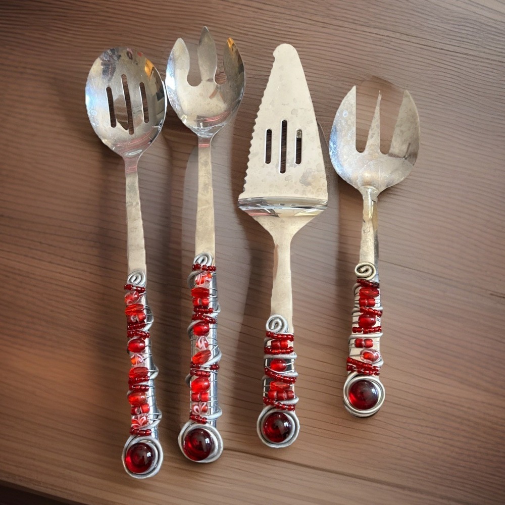 Beaded & Wire Wrapped Utensil‎ Serving Set Red Stainless Steel Set Of Four
